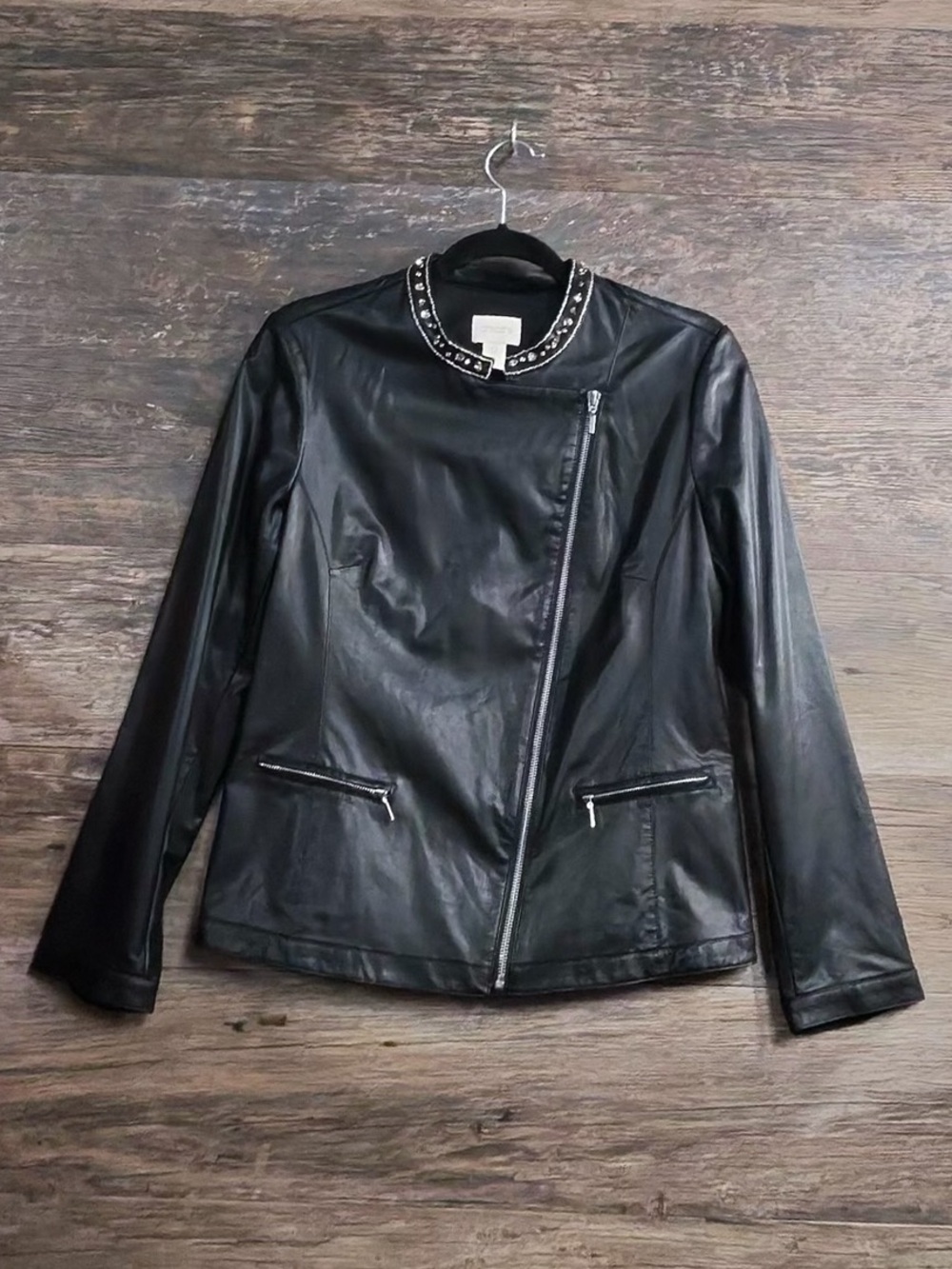 Chico's Black Studded Collar Asymmetrical Faux Leather Jacket